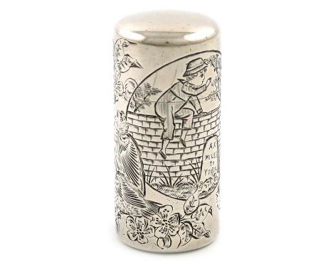 A Victorian silver Kate Greenaway scent bottle, by S. Mordan, London 1883, cylindrical form, engraved with a boy sitting on a