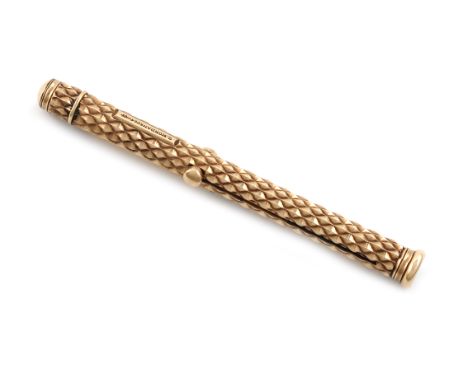 A Victorian combination 10 carat gold pen and pencil, by S. Mordan and Co., marked with the arrow mark textured cylindrical  