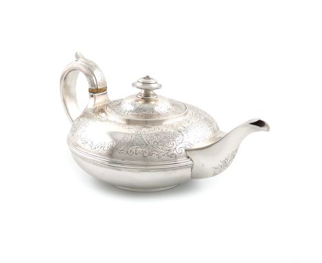 λA William IV silver teapot, by The Barnards, London 1830, compressed circular form, chased foliate scroll decoration, scroll