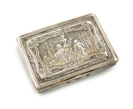 An early 19th century Austro-Hungarian parcel-gilt silver snuff box, circa 1810, rectangular form, the cover with putti in a 