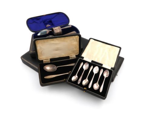 A mixed lot of seven cased sets of silver flatware, comprising: a pair of Victorian fruit serving spoons, by William Hutton a