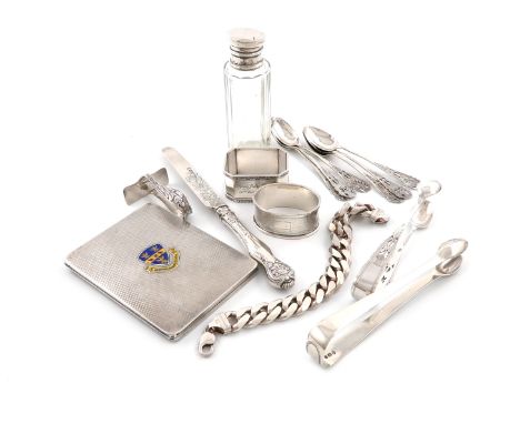 A mixed lot of silver items, comprising: a silver and enamel cigarette case, by The Adie Brothers, Birmingham 1930, rectangul