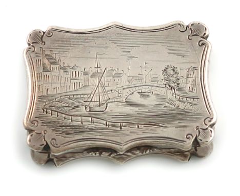 A Victorian silver engraved vinaigrette, by Nathaniel Mills, Birmingham 1845, rectangular form, scroll borders, engraved with