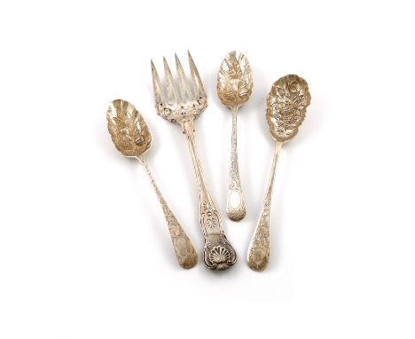 A mixed lot of silver flatware, various dates and makers, comprising: a King's pattern fish serving fork, by George Adams, Lo