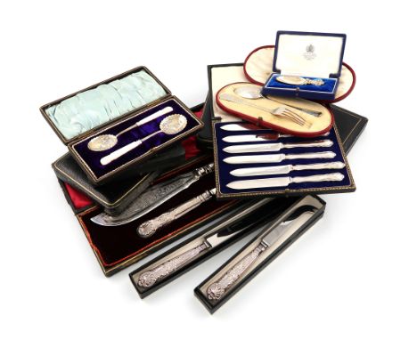 A mixed lot of cased sets of silver flatware, various dates and makers, comprising: an Asprey caddy spoon, London 1969, with 