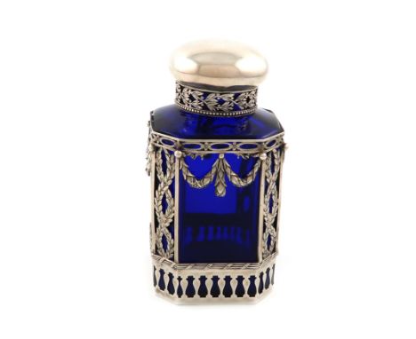 A German silver-mounted blue glass tea caddy, by C. Henzler, Hanau, circa 1895, upright rectangular form, plain blue glass bo