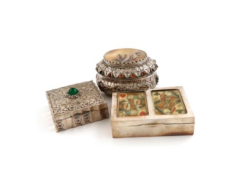 A mixed lot of silver boxes, comprising: one with an Austrian import mark, oval form, the hinged cover set with a hardstone p