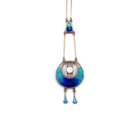 By Charles Horner, an Edwardian Art Nouveau silver and enamel necklace, Chester 1909, pierced circular form, with blue/green 