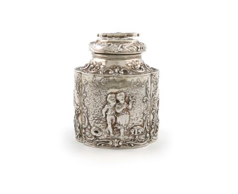 A continental silver tea caddy, with import marks for Sheffield 1901, importer's mark of Samuel Landeck, shaped oval form, em