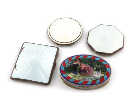 A continental silver and enamel powder box, possibly Austrian, oval form, the hinged cover enamelled with a reclining lady by