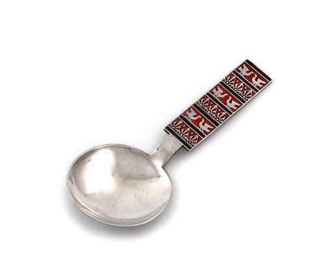 A Scandinavian silver and enamel spoon, with a Russian import mark, the rectangular handle with red and black enamel decorati