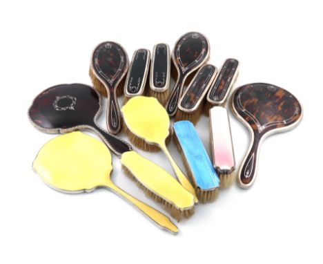 λA mixed lot of silver dressing table items, comprising: a five-piece silver and tortoiseshell dressing table set, inlaid dec