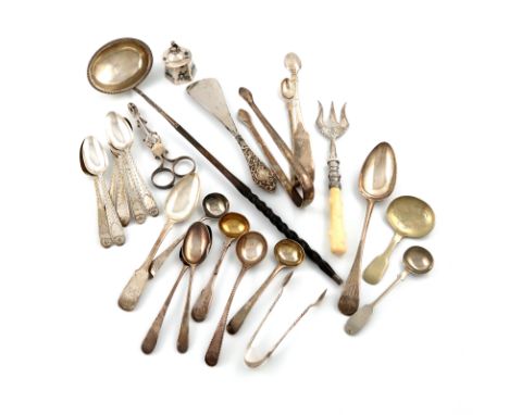 λA mixed lot of silver flatware, comprising: a set of six George III provincial silver Bright-cut teaspoons, by James Crawfor