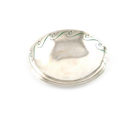 A silver and enamel bowl, by Josiah Williams &amp; Co, (of Bristol), London 1935, shallow circular form, with a border of gre