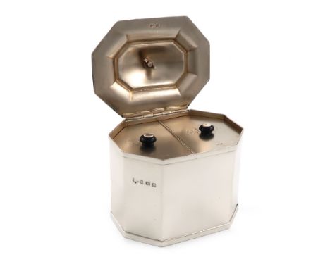 A silver double tea caddy, by S Blanckensee &amp; Son Ltd, Birmingham 1927, rectangular form, canted corners, the hinged cove