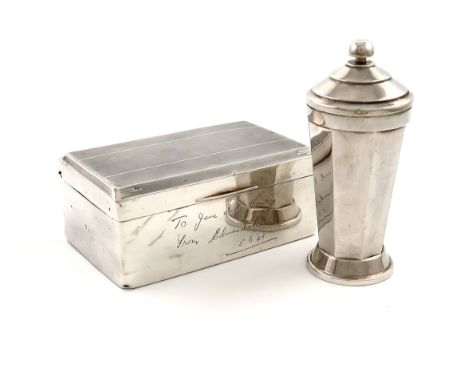 An Art Deco silver push-action sugar caster, by Elkington and Co., Birmingham 1935, tapering faceted circular form, with a sp