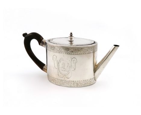 A George III silver teapot, by Edward Cooper, London 1778, oval form, engraved decoration, flush-hinged cover with a knop fin