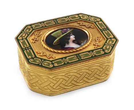 A French gilt-metal and Limoges enamel box, rectangular form, the hinged cover set with an enamelled panel of a lady wearing 