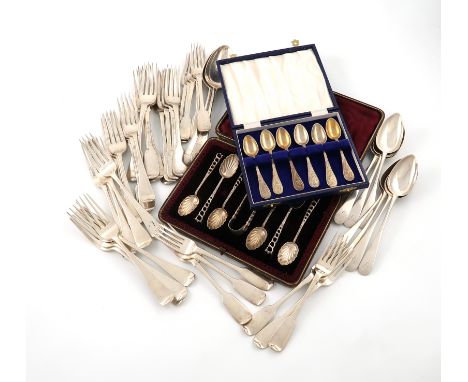 A mixed lot of silver flatware, various dates and makers, comprising: a set of ten Scottish William IV Fiddle pattern table f