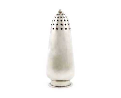 By Leslie Durbin, a modern silver sugar caster, London 1963, tapering circular form, ball finial, pierced with stars and circ