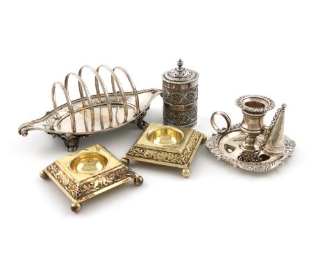 A mixed lot of Georgian and Victorian silver items, comprising: a five-bar toast rack, by Aldewinckle and Slater, London 1889