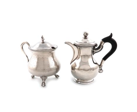 A French silver mustard pot, by Harleux, baluster form, engine-turned and dot decoration, scroll handle, beaded border, on th