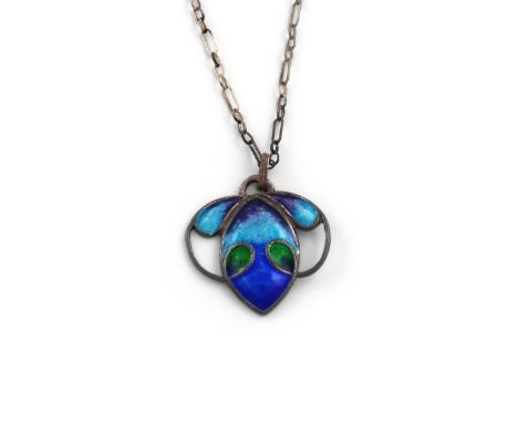 By William Haseler, an Edwardian Art Nouveau silver and enamel pendant, Birmingham 1908, shaped form with wire-work and blue/