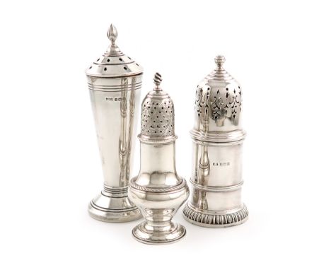 A small mixed lot of three silver casters, comprising: a George III pepper pot, by Samuel Woods, London 1763, baluster form, 