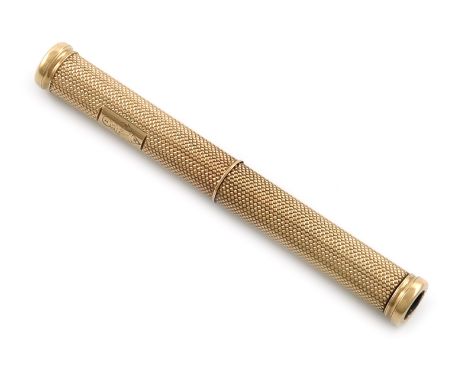 A Victorian gold combination pen and pencil, by S. Mordan and Co., marked with a design lozenge for 1869, cylindrical form, e