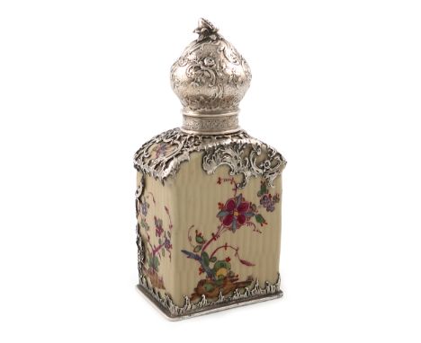 A late 19th century German silver-mounted Meissen tea caddy, the mounts by Elimeyer, upright rectangular form, the body decor