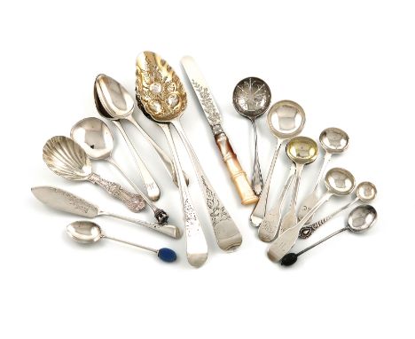 A mixed lot of silver flatware, various dates and makers, comprising: a Victorian Queen's pattern caddy spoon, by George Adam