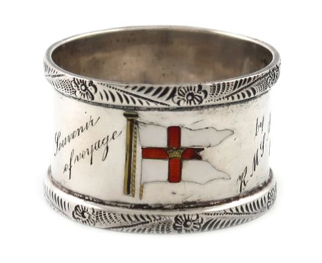 A silver and enamel napkin ring, circular form, enamelled with the house flag of the burgee of Elder Dempster Lines limited, 