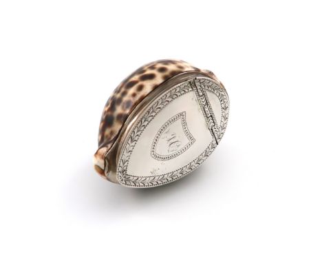 A George III Scottish provincial silver-mounted cowrie shell snuff box, probably by William Ritchie, Perth circa 1800, the fl