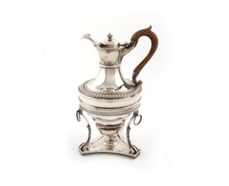 A George III silver coffee jug on stand with a burner, by John Emes, London 1807, circular bellied form, wooden scroll handle