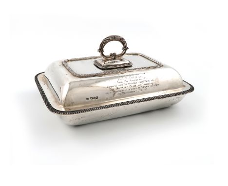 A presentation silver entree dish and cover, by The Harrison Brothers, Sheffield 1929, rectangular form, gadroon borders, det