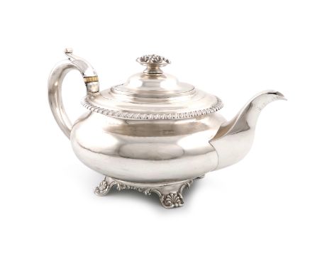 λA George IV silver teapot, by Burrows and Pearce, London 1828, circular bellied form, scroll handle with ivory insulators, g