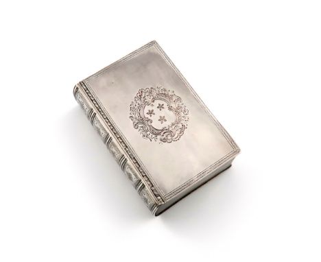 A George II silver table snuff box, by Gundry Roode, London 1731, modelled as a book, the ribbed spine engraved with formal m