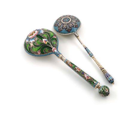 A late-19th century Russian silver-gilt and enamel spoon, Moscow 1891, circular form, the reverse of the bowl with vari-colou