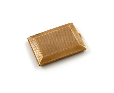 A 9 carat gold match box cover, by William Neale, Birmingham 1929, rectangular form, engine-turned decoration, approx. weigh 