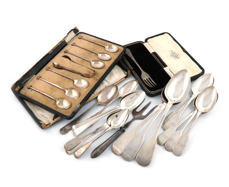 A mixed lot of silver flatware, comprising: three tablespoons, seven dessert spoons, three teaspoons, two other spoons, a sil