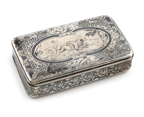 A 19th century French silver and niello work snuff box, rectangular form, the cover with a scene of a gentleman and lady out 