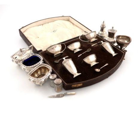 A mixed lot of silver items, comprising: a six piece Art Deco silver condiment set, by Walker and Hall, Birmingham 1931, in a