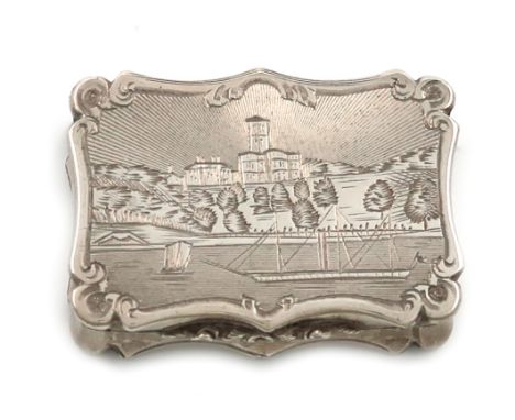 A Victorian silver engraved vinaigrette, by Nathaniel Mills, Birmingham 1847, rectangular form, scroll borders, engraved with