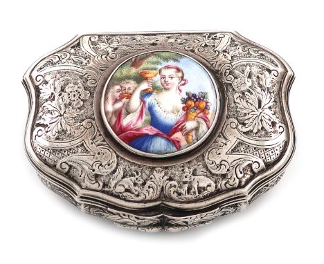 A silver and enamel snuff box, unmarked, probably 18th century cartouche shaped, with chased foliate and scroll decoration, t