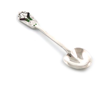 By Liberty and Co, an Edwardian silver and enamel condiment spoon, Birmingham 1903, heart-shaped bowl, green and purple ename