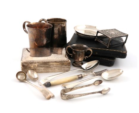 A mixed lot of silver items, various dates and makers, comprising: a christening mug, London 1937, another mug, Birmingham 19