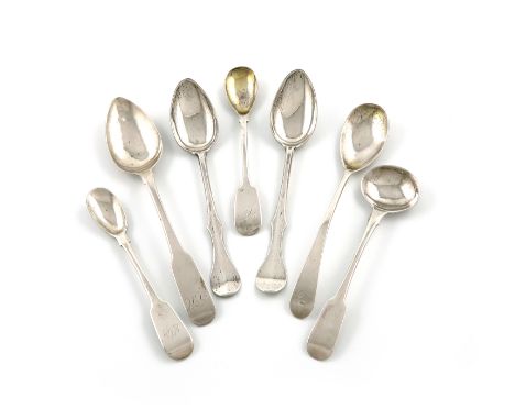 A collection of seven  late 18th / early 19th century Scottish provincial silver spoons, comprising: an Aberdeen egg spoon, b