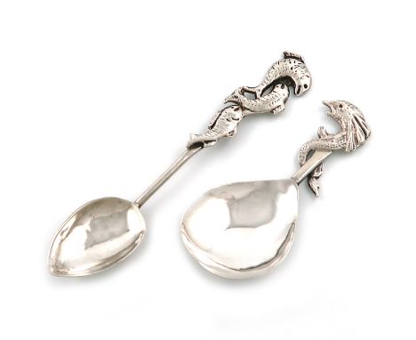 By A. E .Bonner, an Arts and Crafts silver caddy spoon and teaspoon, London 1915 and 1911, the caddy spoon with a fig-shaped 