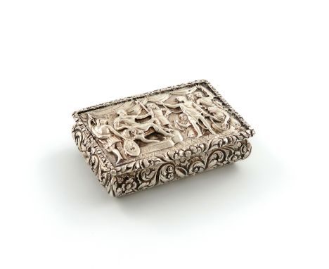 A George IV silver raised relief snuff box, by Nathaniel Mills, Birmingham 1828, rectangular cushion form, the hinged cover c