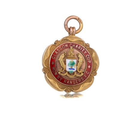 JOCK BUCHANAN OF RANGERS F.C., HIS GLASGOW CHARITY CUP WINNNERS GOLD MEDAL 1927/28 the obverse with central enamel crest bord